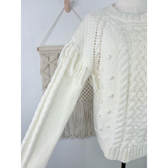 Cupcakes & Cashmere Angie Sweater Size Large White Ivory Fringe Pom Detail - Picture 8 of 12